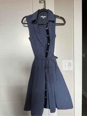 Tommy Hilfiger Sleeveless Navy Blue Shirt Dress with Red Dot Pattern